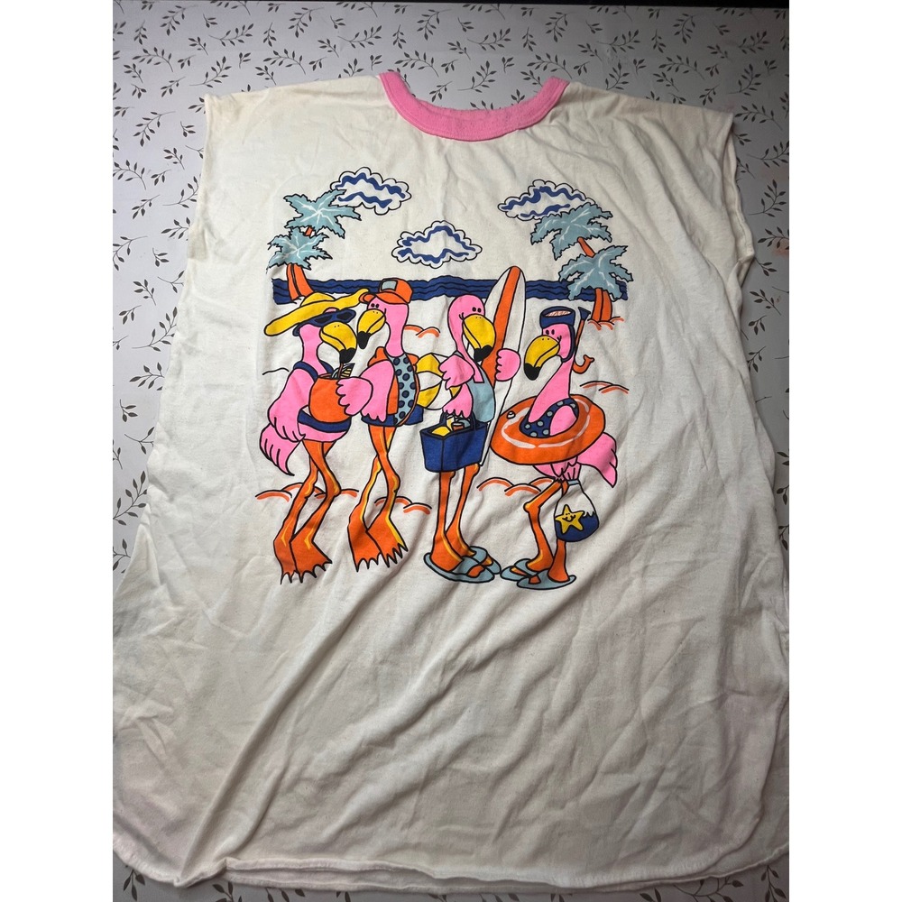 Vintage Flamingo Beach Graphic Sleep Shirt Oversized Pink Ringer Sleeveless Tee